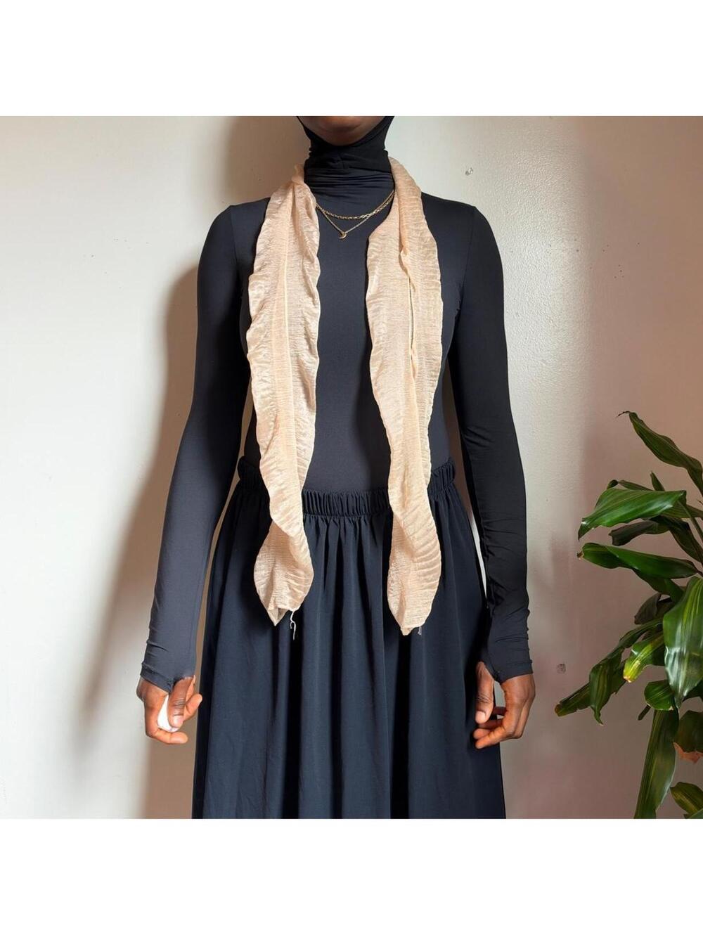 Y2K Sheer Crinkle Pleated Skinny Scarf in Beige Champagne
